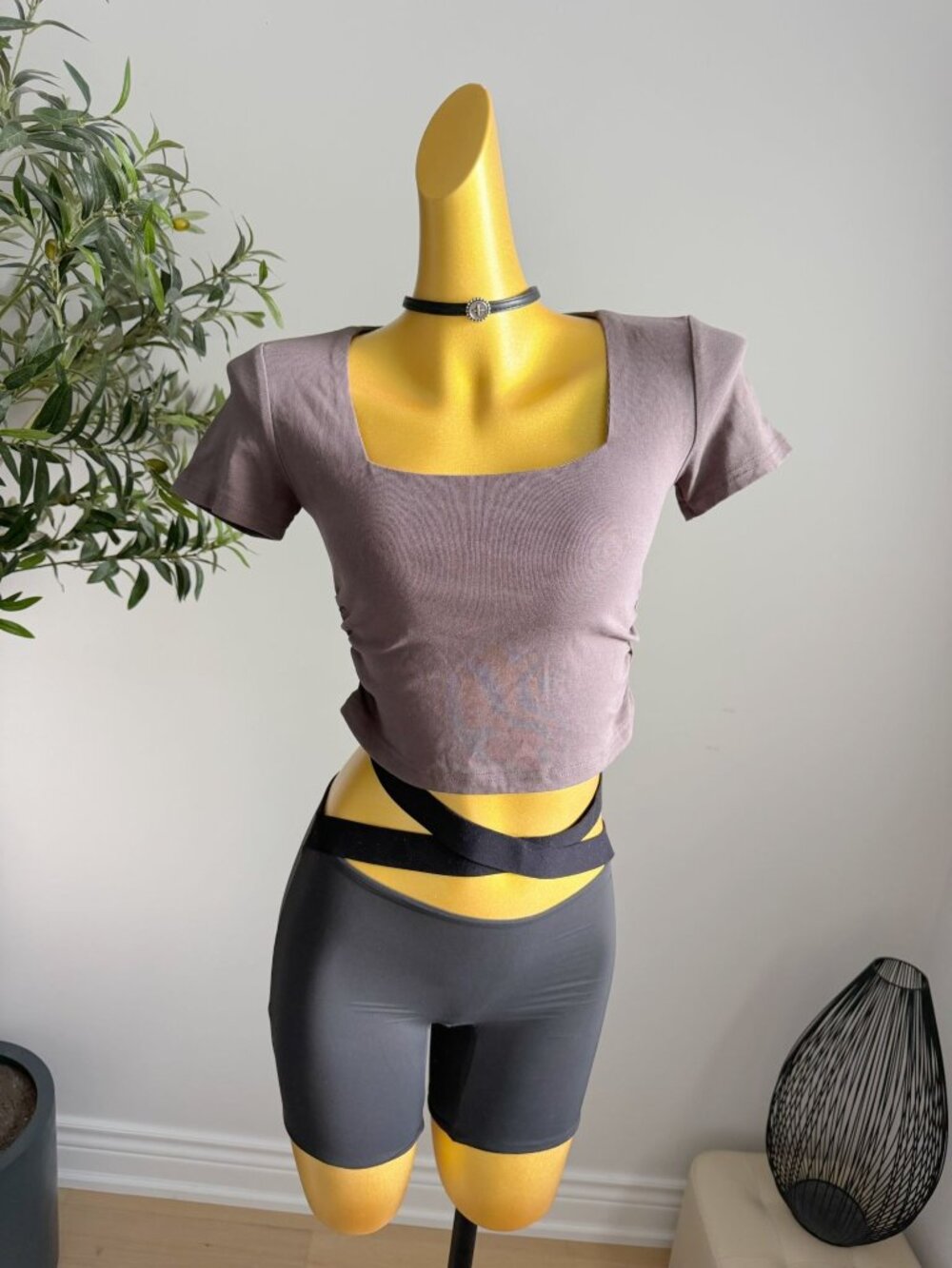 Charcoal Gray Square Neck Ruched Crop Top Size S